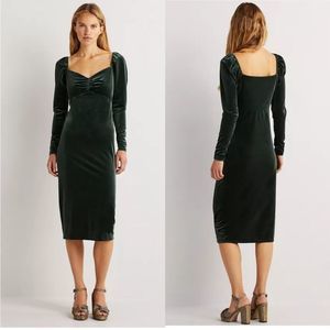 Elegant Dark Green Velvet Midi Dress with Square Neck